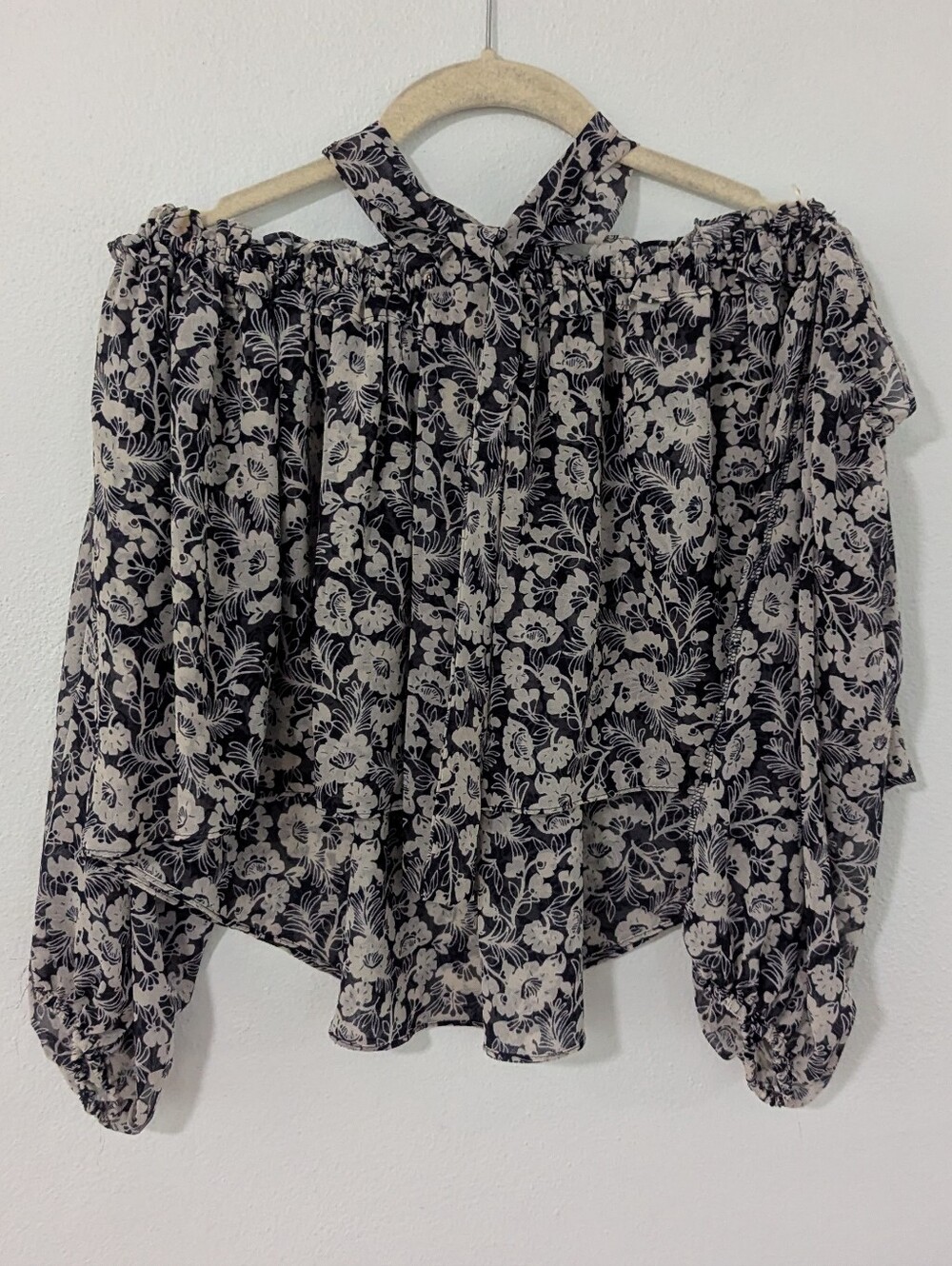 Misa Los Angeles Lively Floral Off Shoulder Halter Top Blouse Blue White XS